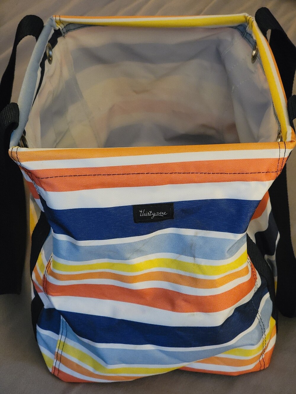 Thirty-One Striped Small Utility Tote in Navy, Orange & Yellow